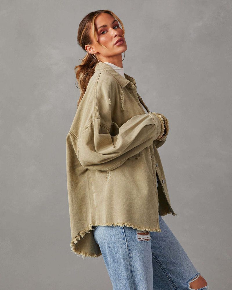 Giacca in denim vintage con frange e effetto consumato, da donna – Cappotto oversize in stile boho cowgirl con dettagli strappati (colori multipli)_voghion.com
