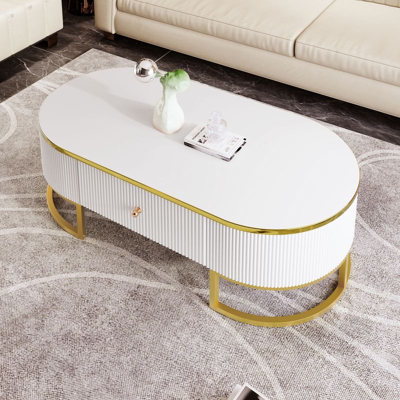 Modern Oval Coffee Table With Drawers,Curved Profile Design, Gold Metal Decor, Center Table For Living Room In 47.2"_voghion.com