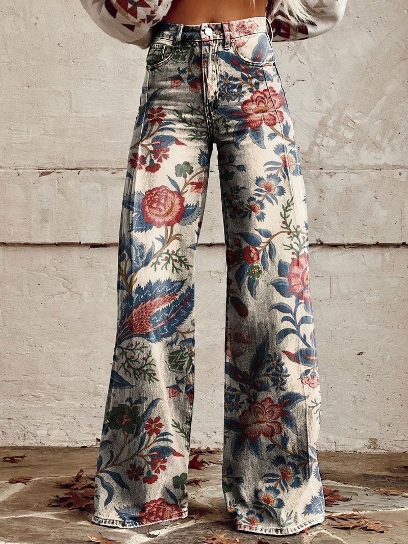 Trendy Plus Size Women's Printed Flare Pants - Stretch Denim-Like Wide Leg Trousers With 3D Patterns, Comfortable & Stylish Casual Wear_voghion.com