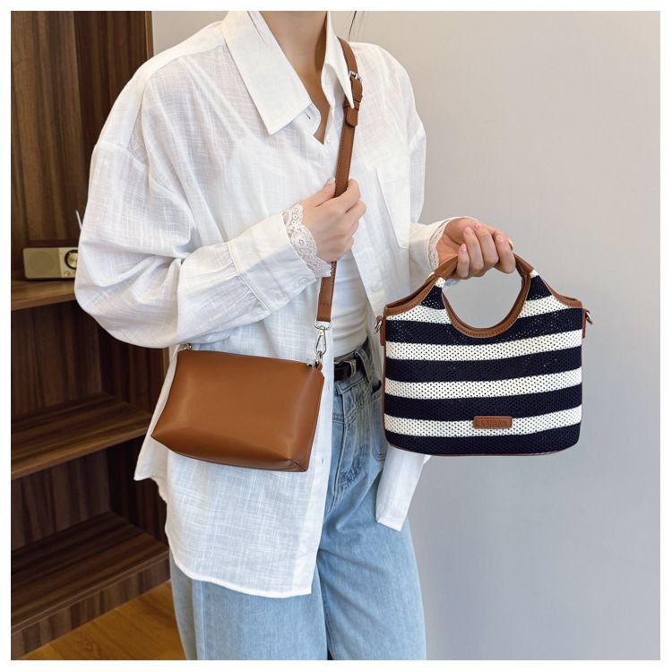 Borsa a secchiello con motivo a righe per donna, borsa da spiaggia casual in stile vacanza di grande capacità, tracolla singola_voghion.com