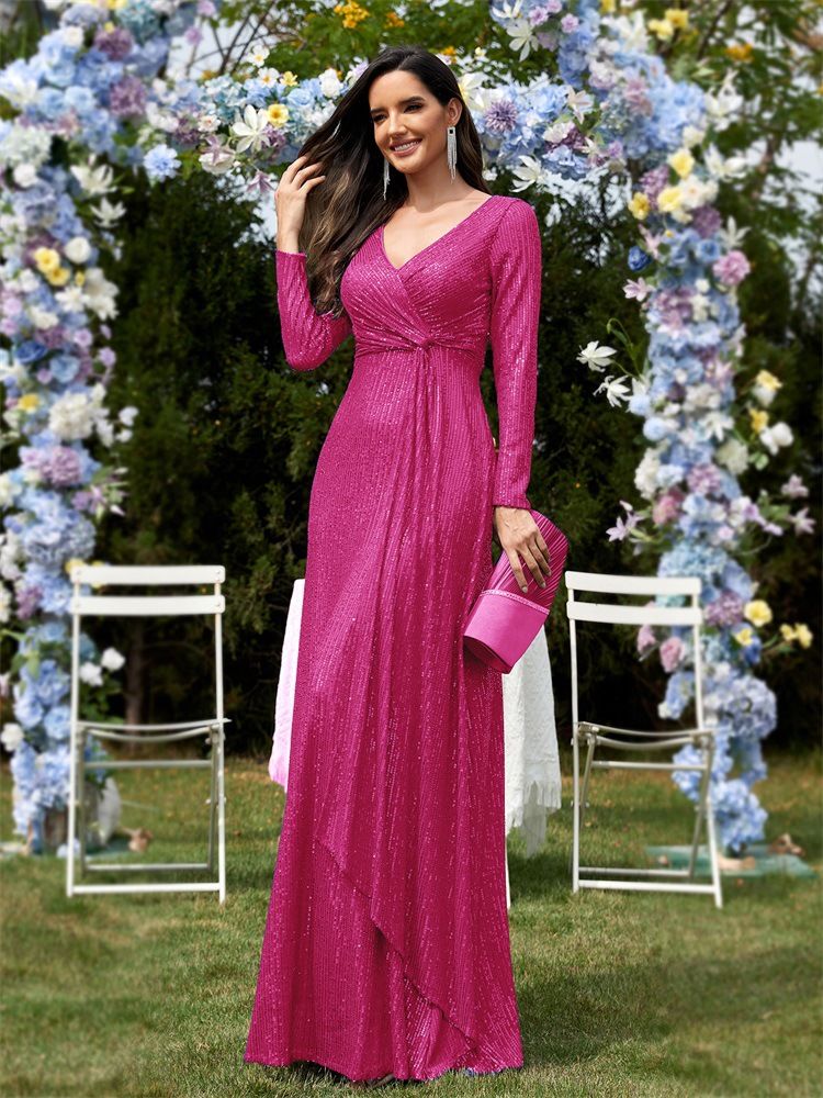 Abito da sera a sirena con scollo a V e maniche lunghe da donna_voghion.com