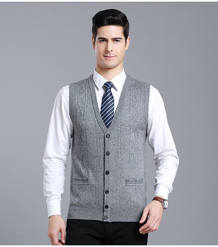 Herren-Strickjacke aus Wollmischung mit V-Ausschnitt, Cardigan-Pullover, Colorblock, lässig, ärmellos, für alle Matches_voghion.com