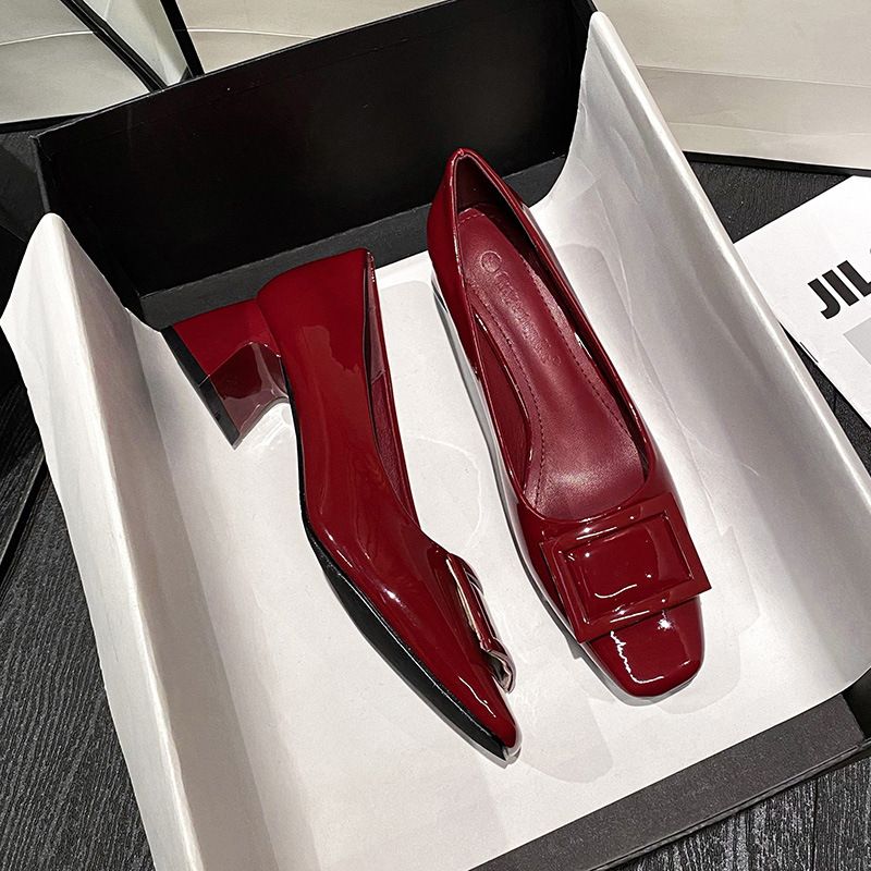 Grape Mom Studiolee ~ Klassieke knoop Dikke, zachte stijl Vierkante kop en elegante enkele schoenen met hoge hak Lente_voghion.com