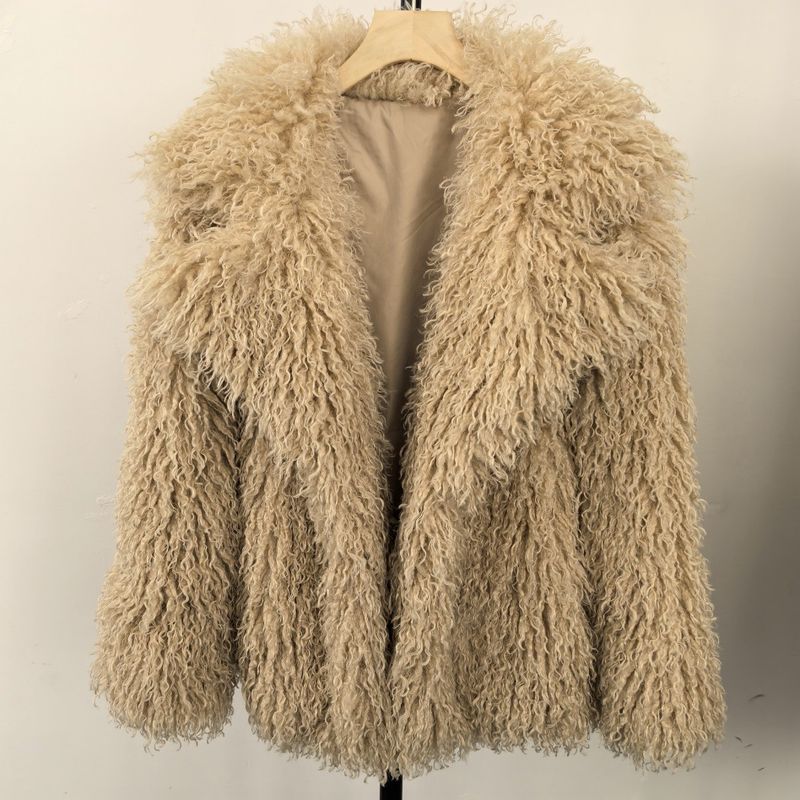 Women's Clothing Luxury Faux Shearling Coat Soft Warm Winter Jacket Elegant Faux Fur Outerwear In Deep Khaki, Cream & Black (Sizes S/M/L)_voghion.com