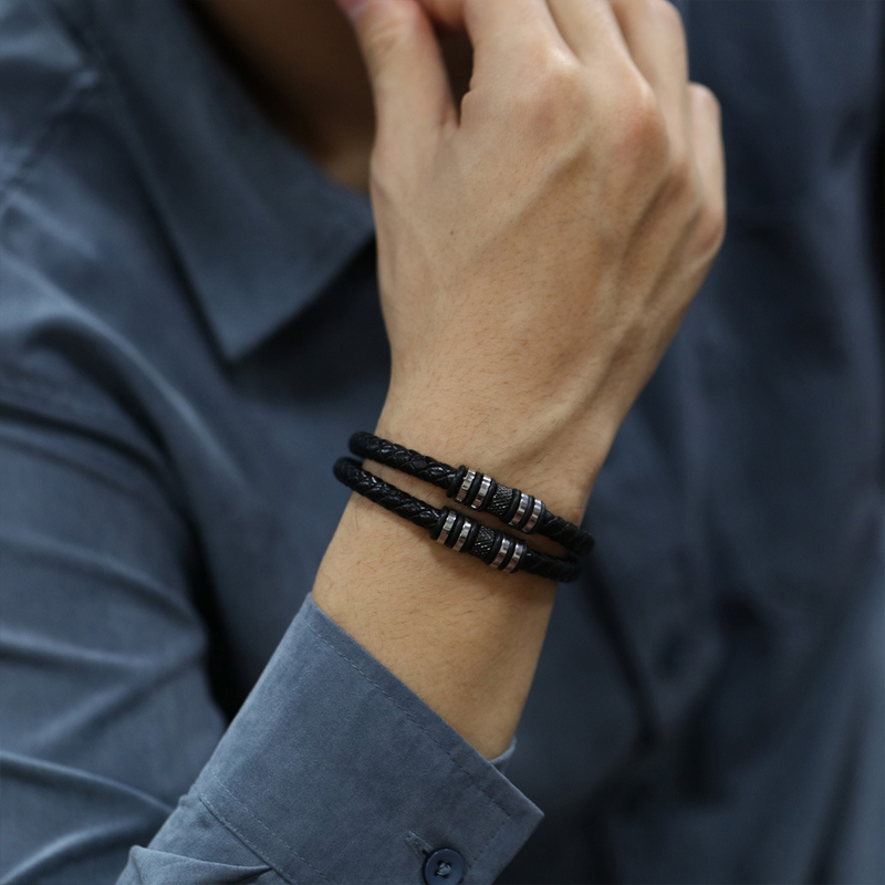 Zwarte handgemaakte geweven lederen stringarmband herenpersoonlijkheid_voghion.com
