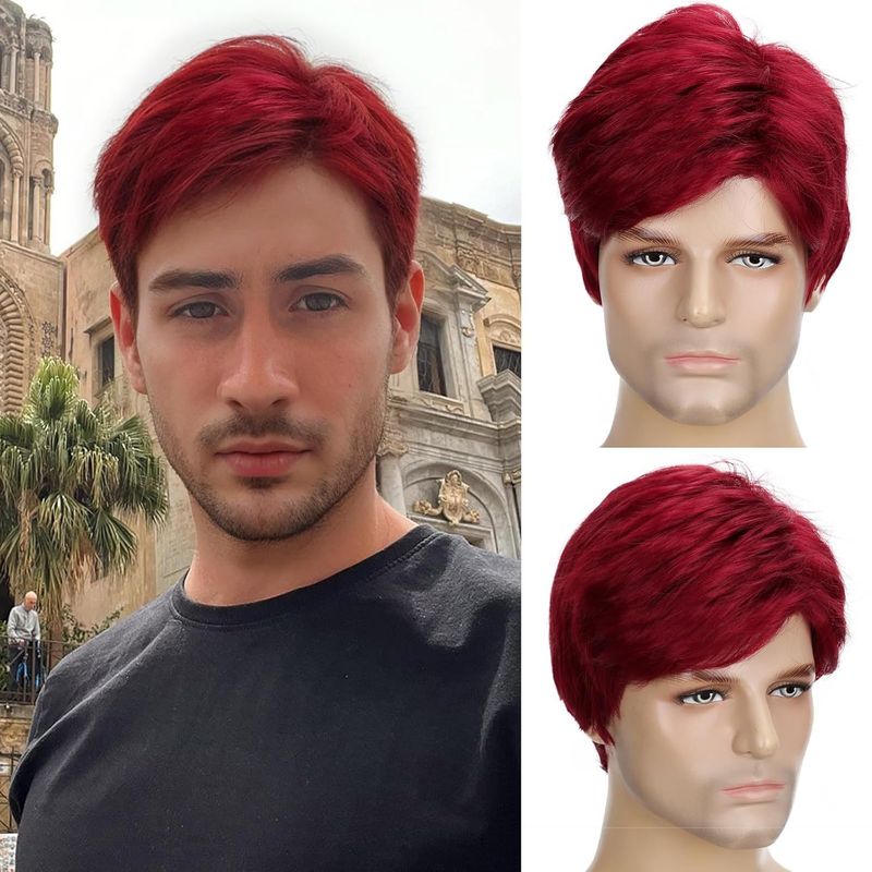 Synthetic Clip-in New Wig Men's Fashionable Chemical Fiber Short Wig Red Side Parted Short Straight Hair_voghion.com