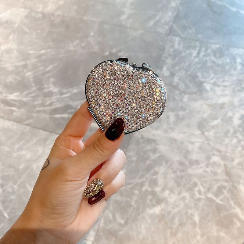 Mini specchio per il trucco a forma di cuore in stile coreano: specchio portatile bifacciale con dettagli di diamanti, regalo perfetto per le donne_voghion.com