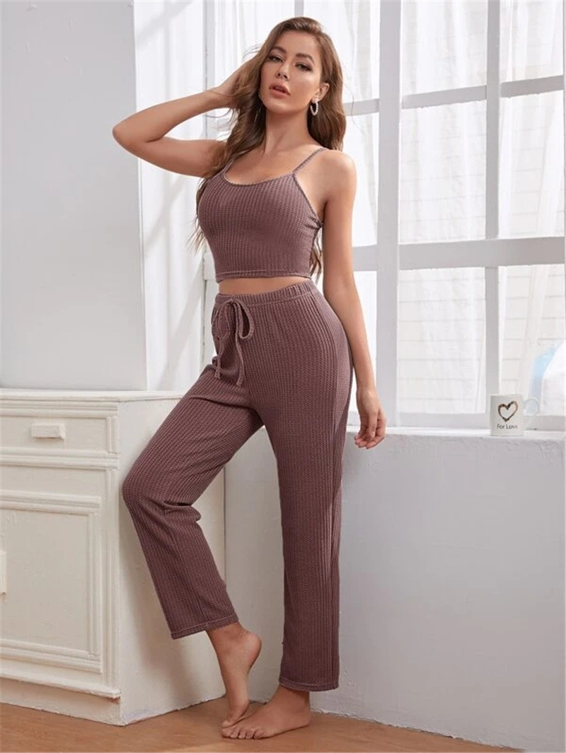 Women's home wear women's Waffle knit halter top trousers robe pajamas three sets_voghion.com