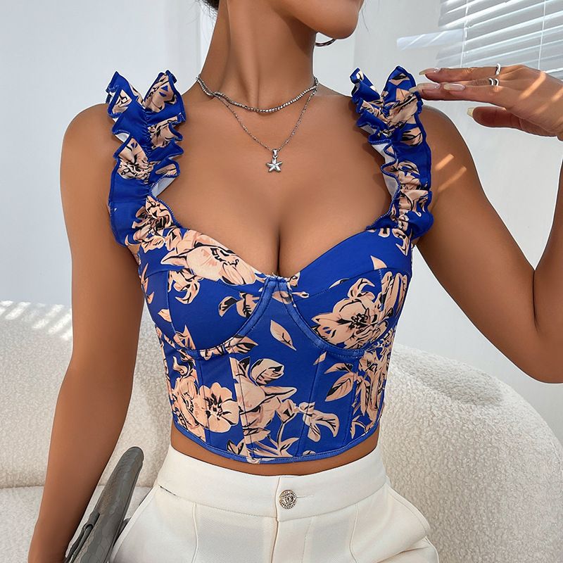 Sweet New V neck Sexy Print Design with Chest Pad Fishbone Slimming Back Strap Top_voghion.com