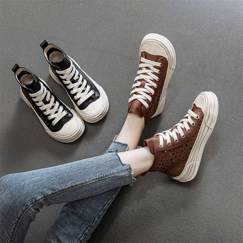 Ccvv2023 Zomer Nieuwe Leren Gat Dikke Bodem Comfortabele En Veelzijdige Hoge Top Mesh Ronde Kopbord Schoenen Voor Vrouwen_voghion.com