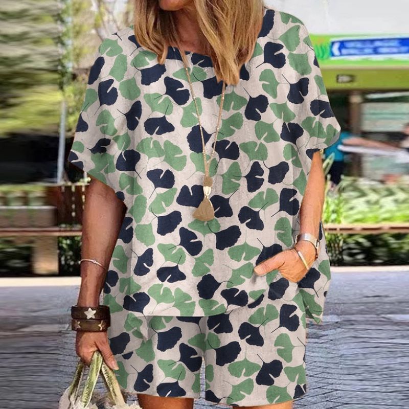 Frauen kleidung = polka dot print rundhals lose kurzarm shorts zwei-stück anzug_voghion.com