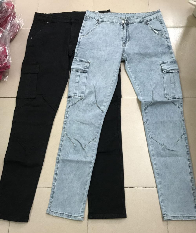 Straße Elastische Jeans Männer Denim Cargo Hosen Waschen Einfarbig Multi Taschen Casual Mittlere Taille Hose Slim Fit Täglichen Tragen Jogger_voghion.com
