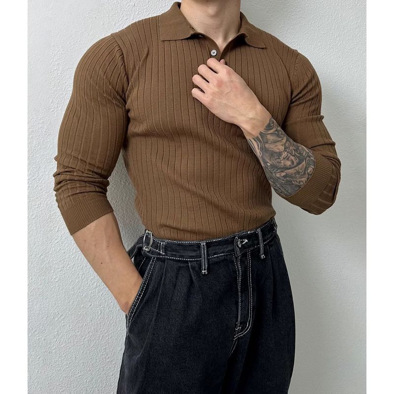 Frühling und Herbst Neues Poloshirt Umlegekragen Langarm Strickpullover Herren Leicht Reife Slim Fit Business Trend_voghion.com