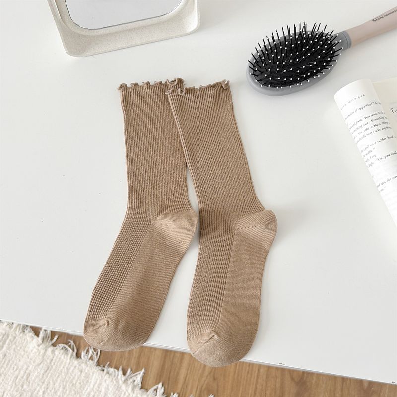 voor vrouwen zoete gerimpelde rand kant stapel dubbele naald effen kleur verticaal gestreepte lange buis katoenen sokken_voghion.com