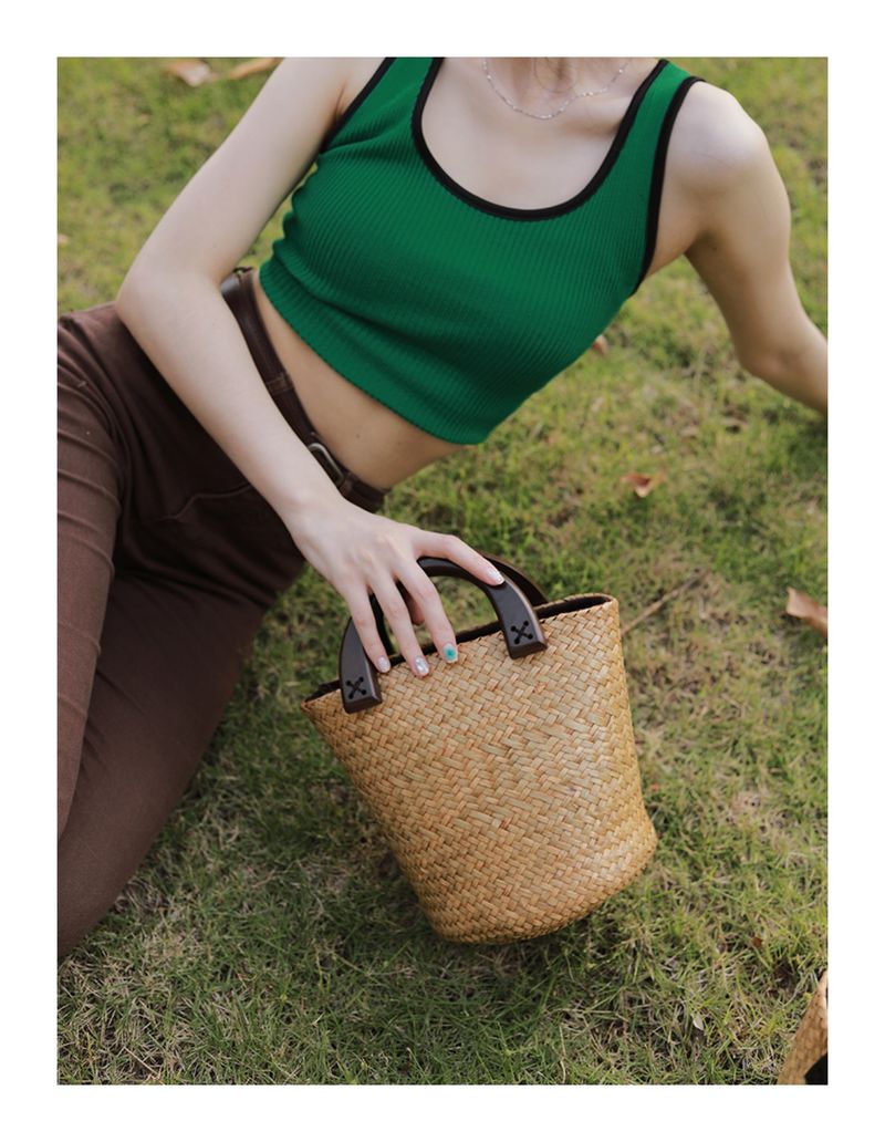Plážová taška Vine Thai Grass, francouzská tkaná, kabelka, dřevěná rukojeť, velkokapacitní dámská taška_voghion.com