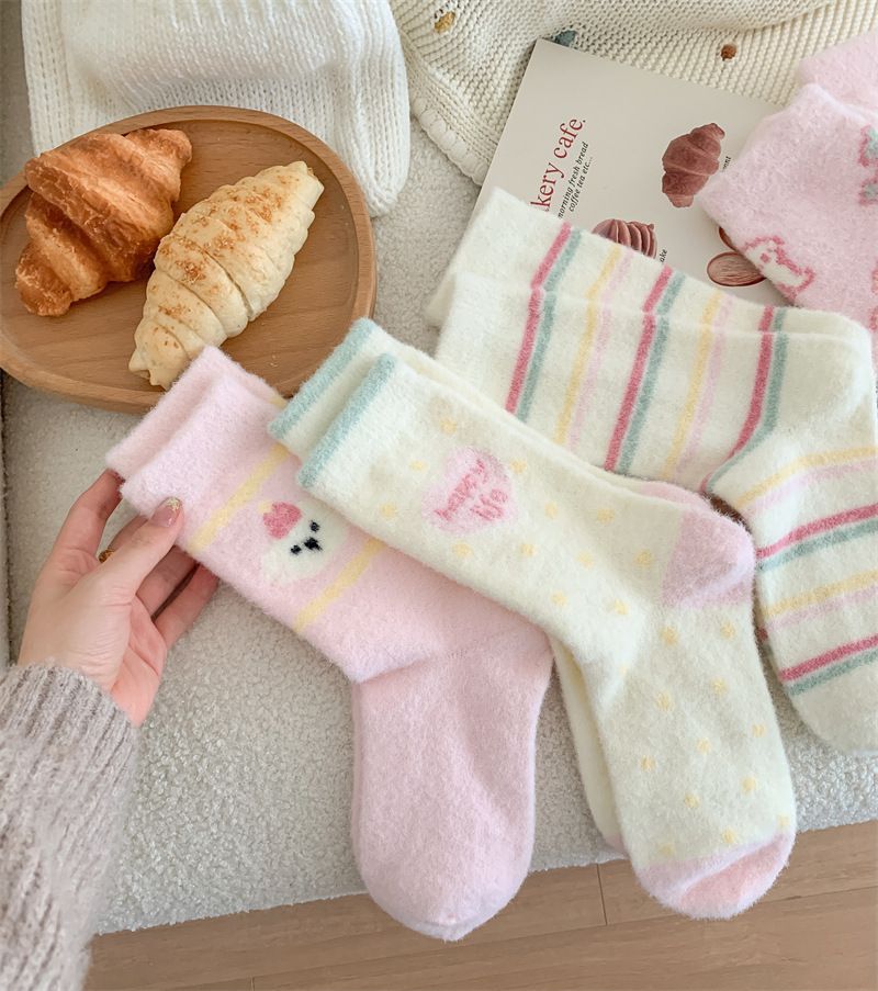 Calcetines de polar para mujer con rayas de dibujos animados, suaves y cálidos, de media pantorrilla, para invierno, primavera y otoño, cómodos, de mezcla de algodón._voghion.com