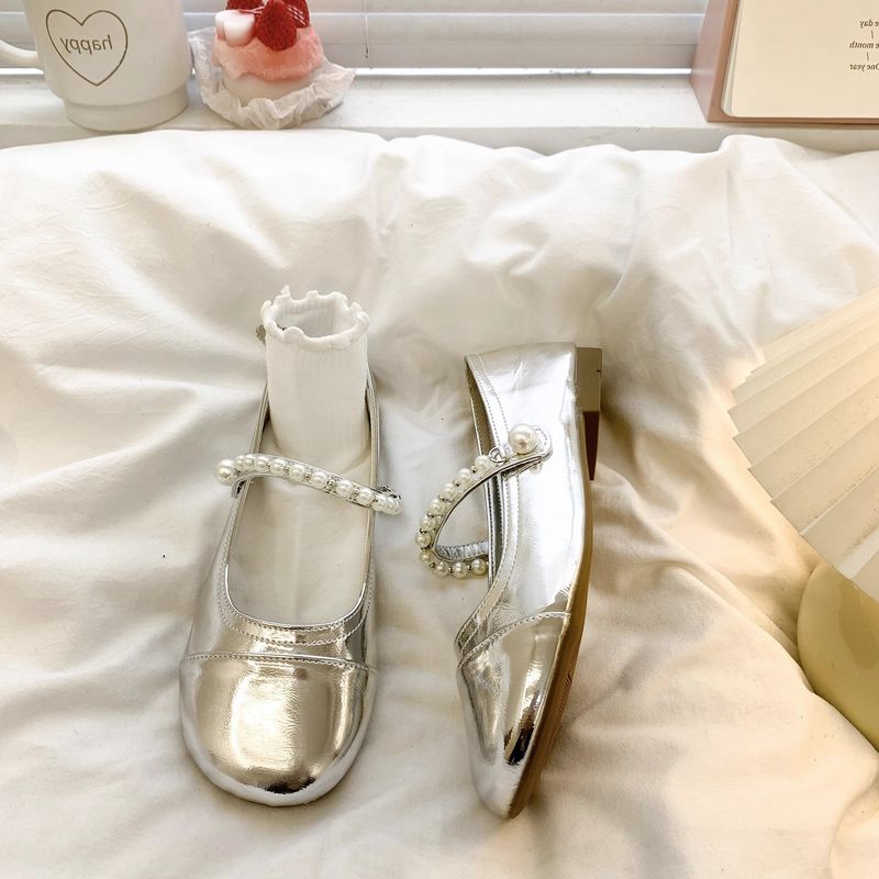 Silver French Pearl Mary Jane Small Leather Shoes Women's Spring And Autumn Versatile Retro Light Mouth Flat Bottom With Skirt_voghion.com