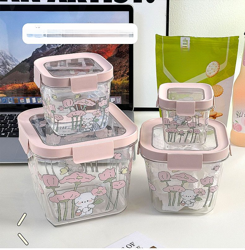 Sevimli Gıda Mühürlü Nem Geçirmez Saklama Buzdolabı Plastik Taze Tutma Kabı Kapaklı Taşınabilir Meyve Öğle Yemeği Kutusu_voghion.com