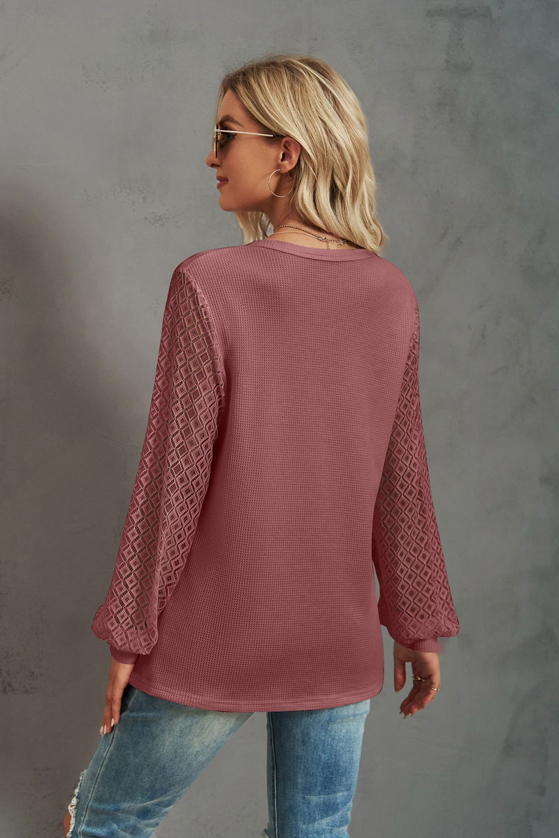 Women's Clothing Casual Waffle Grace Panel Long Sleeve Button T-shirt Top_voghion.com