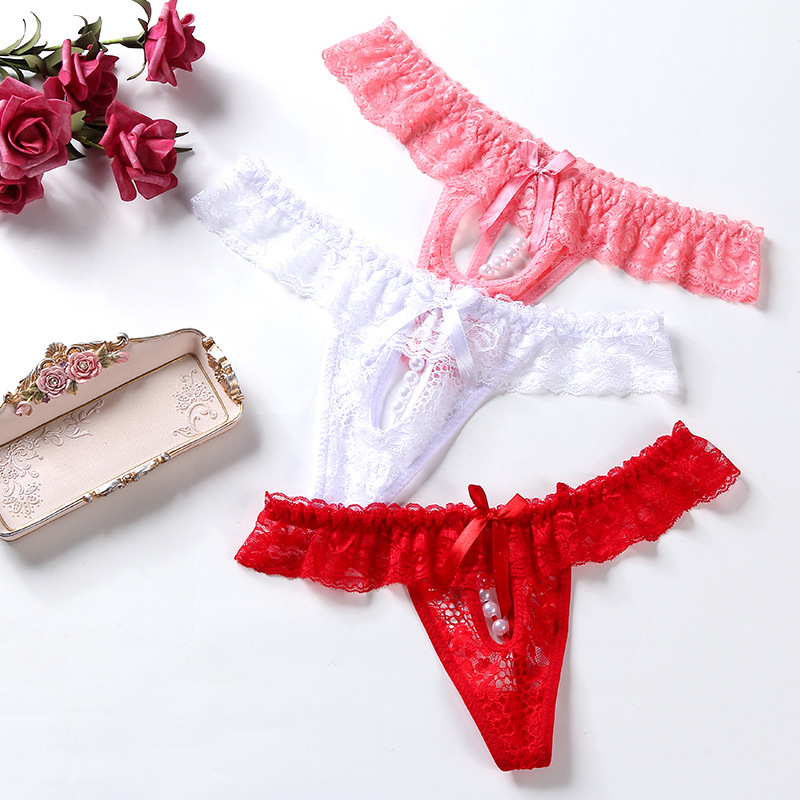 Γυναικεία εσώρουχα Pearl Shock Sexy Lace Fun Open File T-pants Τ-παντελόνι χαμηλής μέσης Γυναικεία διάφανη_voghion.com