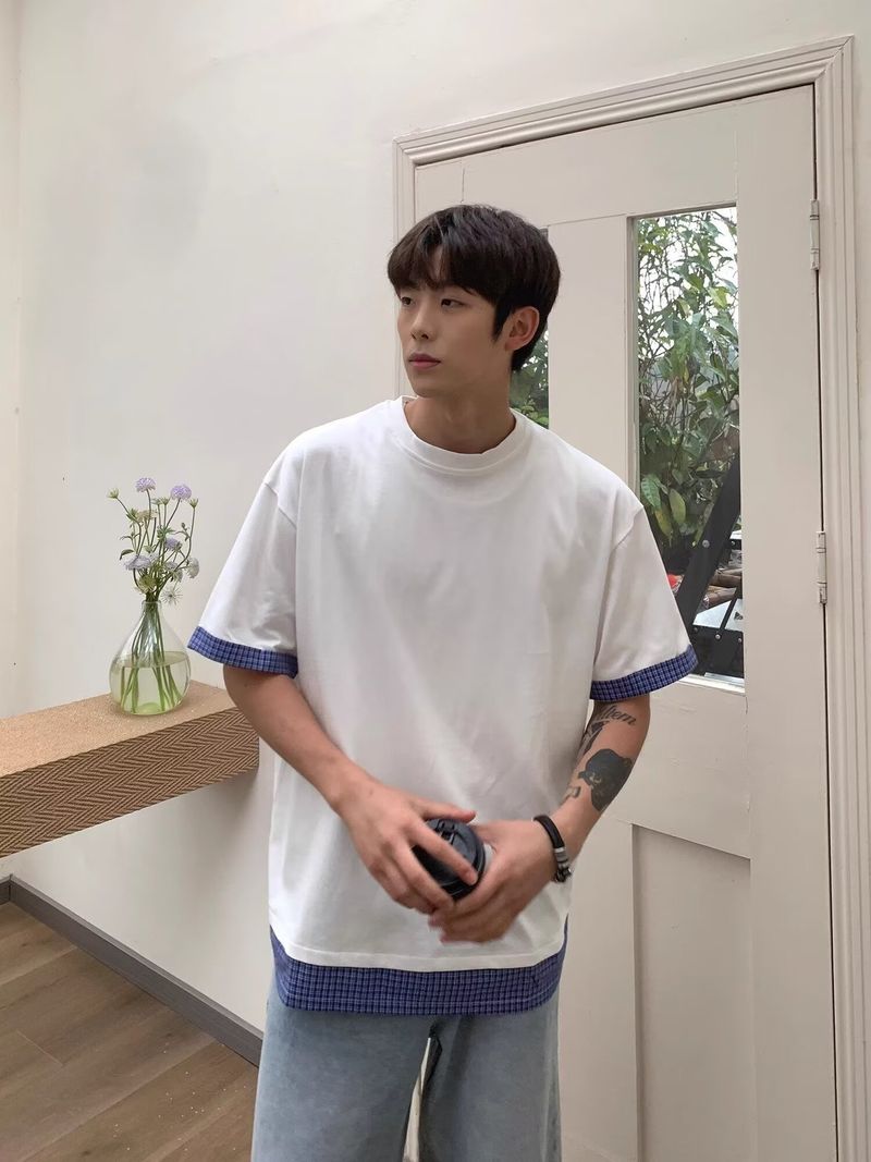 Street Casual Patch Splicing Round Neck Loose Short Sleeved Youth T-shirt_voghion.com