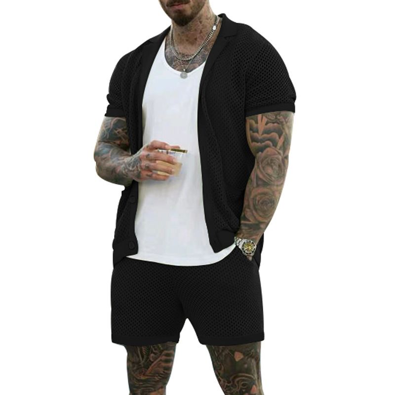 Herrenbekleidung Herrenmode aushöhlen durchsichtig cool lässig dünne Oberbekleidung Herren Kurzarm Shorts Set_voghion.com