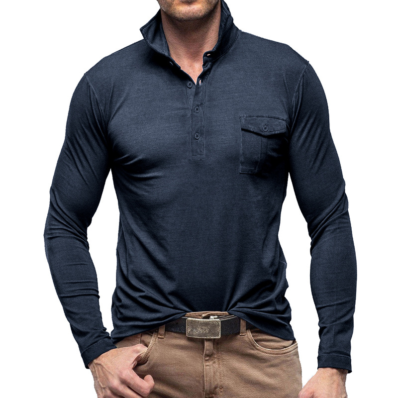 Nuova camicia autunno e inverno con colletto polo T-shirt a maniche lunghe tinta unita da uomo_voghion.com