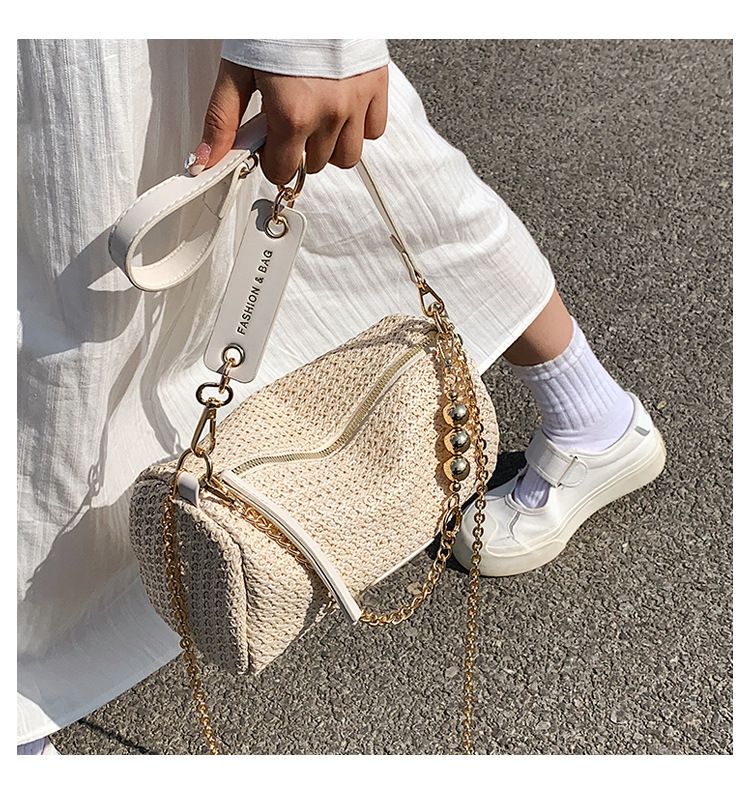 Borsa a tracolla cilindrica versatile in paglia con catena di perle alla moda e patchwork, di alta qualità, per donna_voghion.com