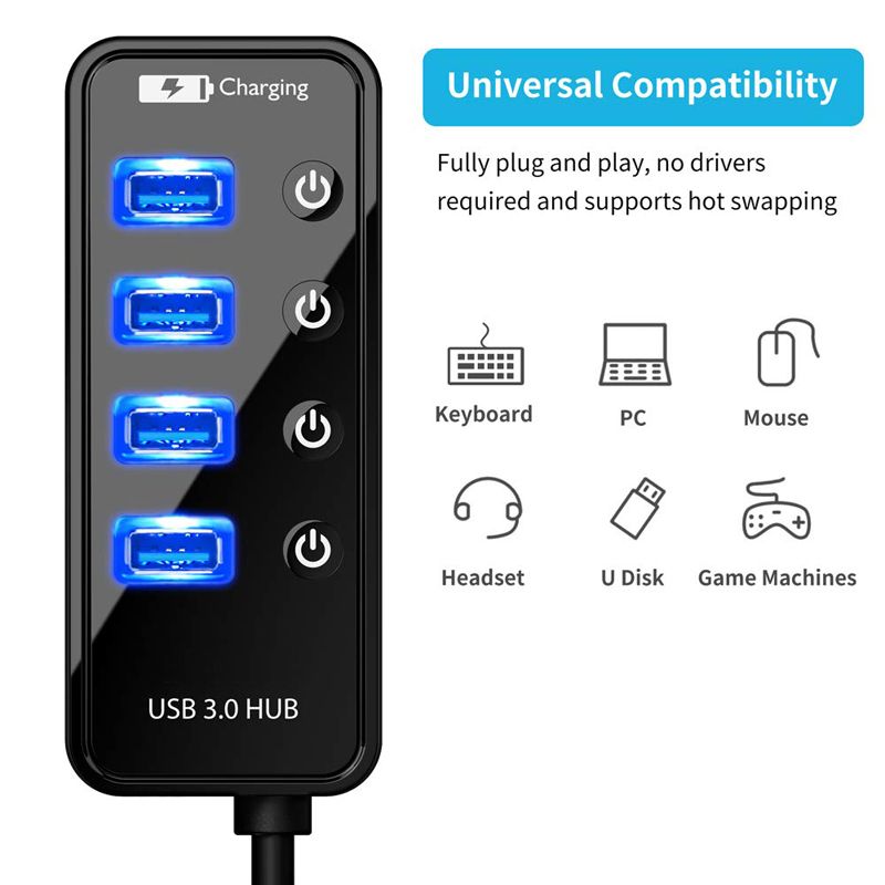 Hub USB 4 porte 3.0 caricabatterie per smartphone multiaccessori con adattatore di alimentazione per iPad Book Pro computer PC notebook_voghion.com
