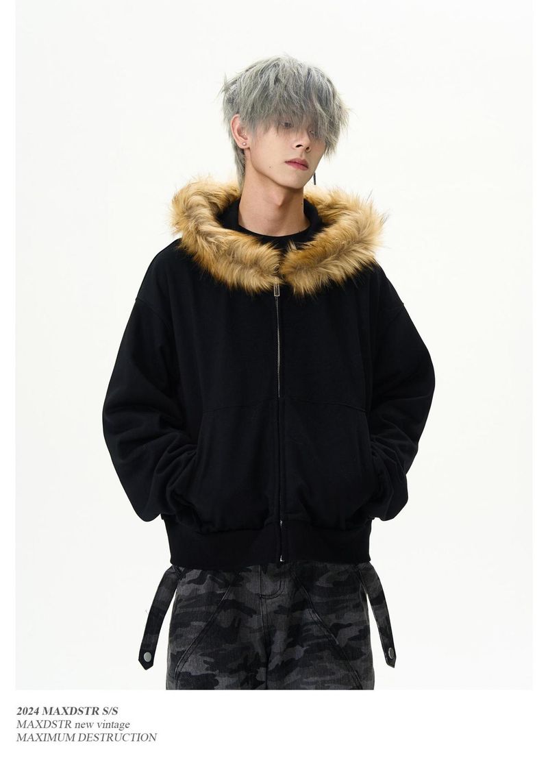 Felpa con cappuccio e cerniera in stile retrò americano da uomo, con collo in pelliccia, da uomo e da donna, corta, in tinta unita, Cleanfit_voghion.com