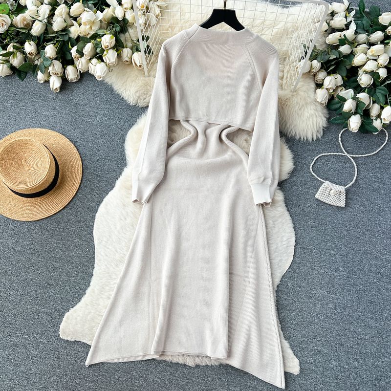 Damenbekleidung Langärmliges Strickpulloverkleid für Damen, neuer Hüftrock mit Hosenträgern für Herbst und Winter + zweiteiliges Set mit hochwertigem Schal_voghion.com