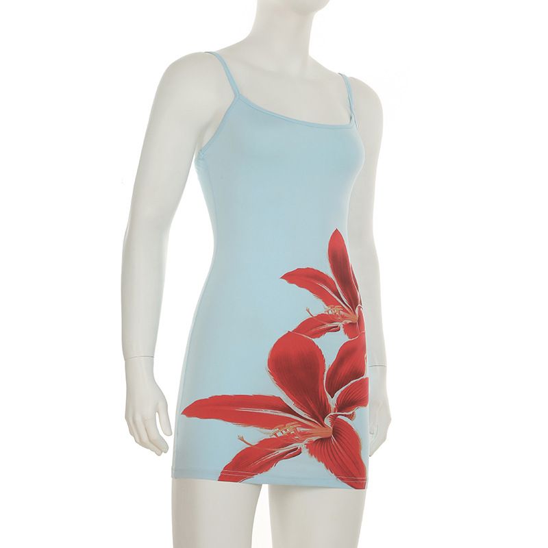 Strandurlaubsstil, großer Blumendruck, kontrastfarbene Basis, schmale Passform, hüftbetont, Hosenträgerkleid, kurz, neu_voghion.com