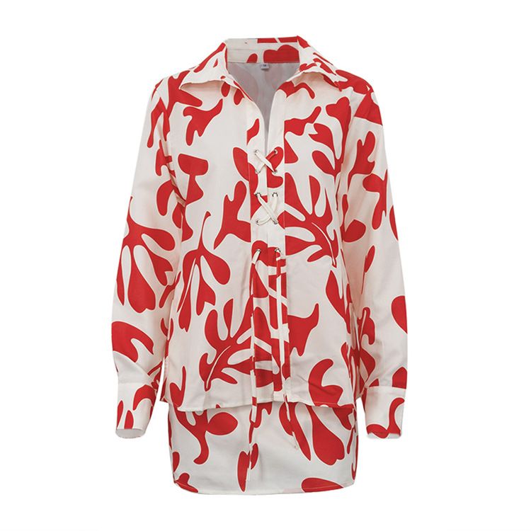 Vêtements pour femmes été imprimé jupe courte revers chemise ample pour femmes costume décontracté_voghion.com