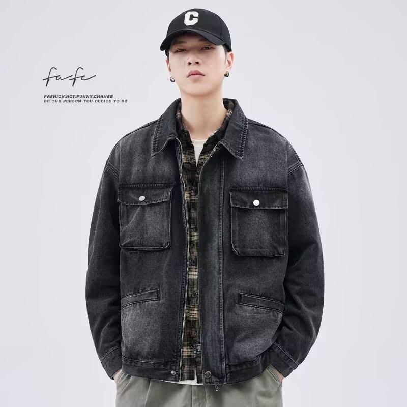 Jaqueta jeans masculina desgastada, casaco de trabalho unissex oversized com bolsos laterais – preto e cinza (M-4XL)_voghion.com