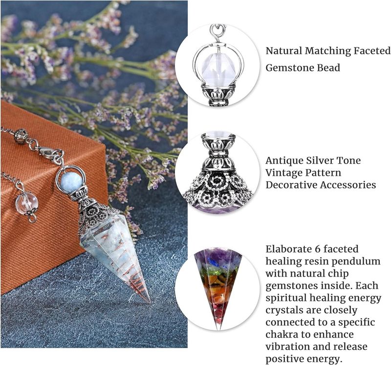 Hexagonal Crystal Pendulum - Antique Silver Plated Divination Tool With Semi-Precious Stones_voghion.com