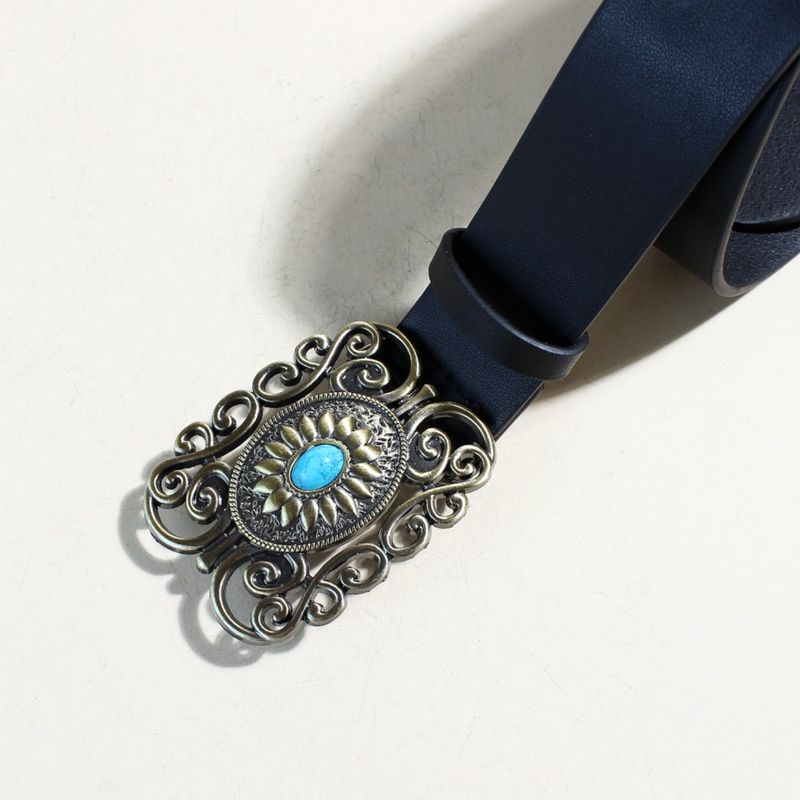 Wide Leather Belt For Women Retro Palace Style Sapphire Inlaid Oval Western Buckle Ladies Black Pants Belt_voghion.com