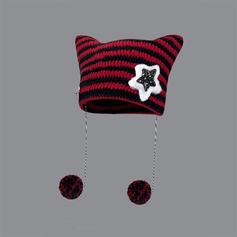 Abi-Stil handgemachte süße Fünf-Sterne-Katzenohrstreifen Dämon Wärme Abdeckung gestrickte Ball Pullover Hut weiblich_voghion.com
