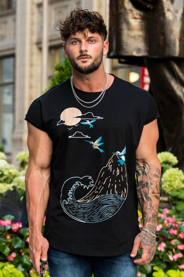 2023 Spring/Summer New Men's Sports, Leisure, Running, Exercise, Fitness Printing Cotton Elastic Loose Shoulder T-shirt_voghion.com