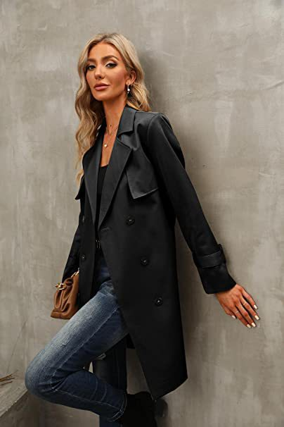 Trench slim doppiopetto doppiopetto in vita con lacci in tinta unita alla moda da donna_voghion.com