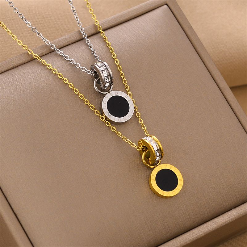 Collana con ciondolo in smalto nero rotondo semplice in acciaio inossidabile per donna, moda, dolce e romantica, sposa, matrimonio, cristallo, zircone_voghion.com