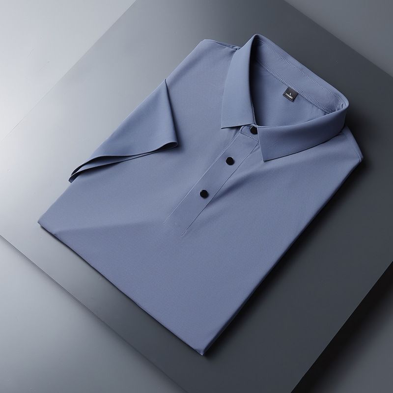CT 2025 Novo Conjunto de Camiseta e Shorts Sem Costura de Seda Gelada para Homens, Cor Sólida, Polo Simples, Verão, Manga Curta Masculina_voghion.com