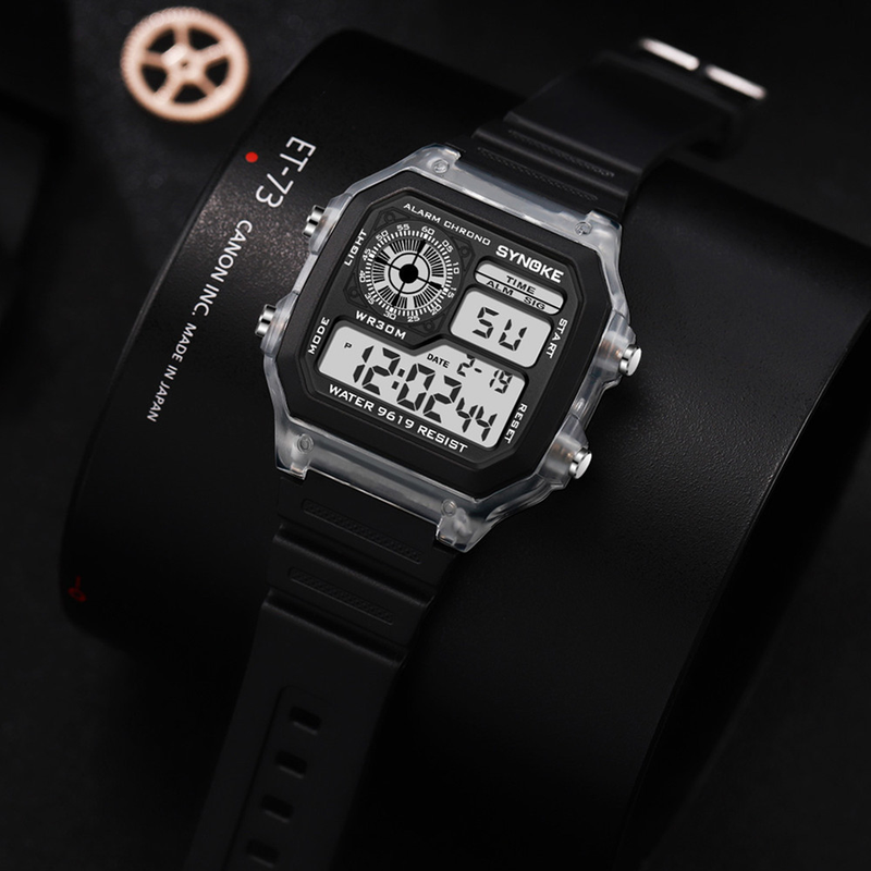 SYNOKE Nuovo orologio elettronico trasparente luminoso impermeabile da uomo quadrato classico alla moda sportivo studente_voghion.com