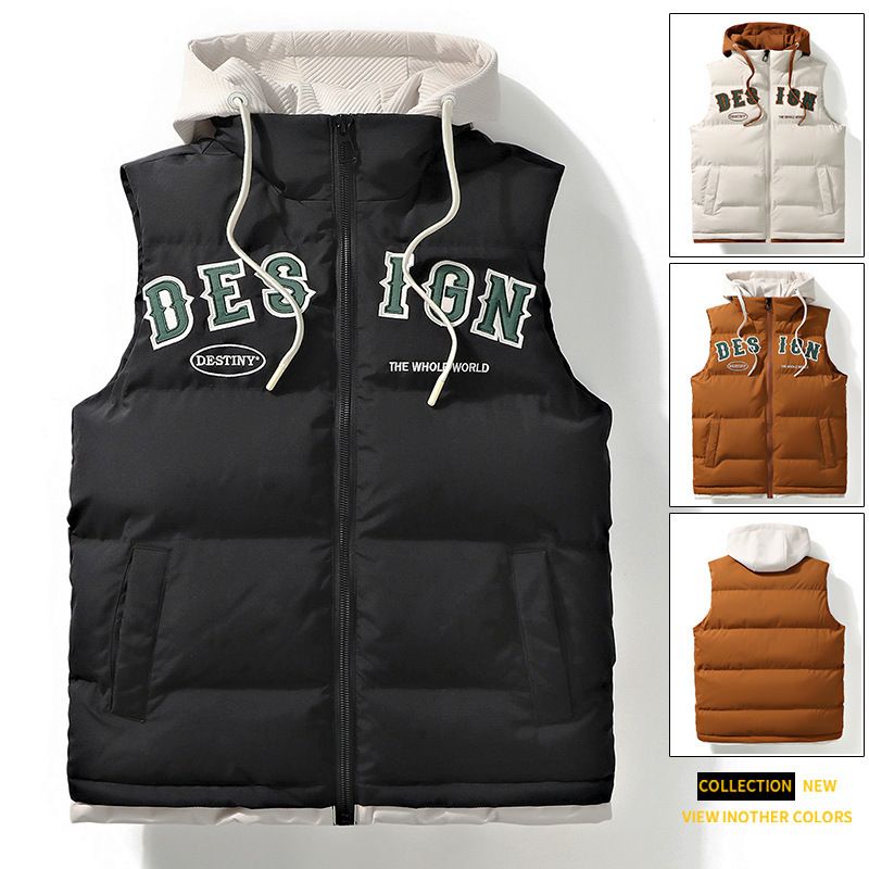 Autumn Winter Hooded Vest Loose Fit Fleece Warm Thickened Waterproof Waistcoat Cotton Jacket For Men_voghion.com