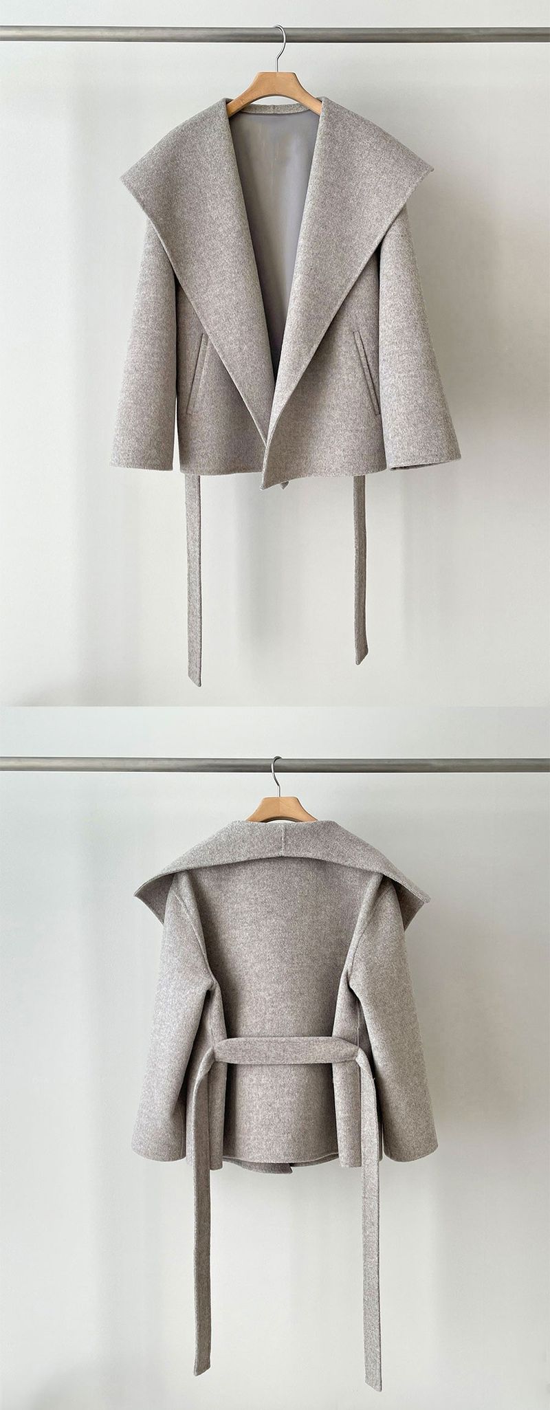Kurzmantel aus schickem Wollgemisch – Jacke mit übergroßem Revers und Gürtel zum Binden in der Taille für zierliche Frauen, Retro-Oberbekleidung für den Herbst_voghion.com
