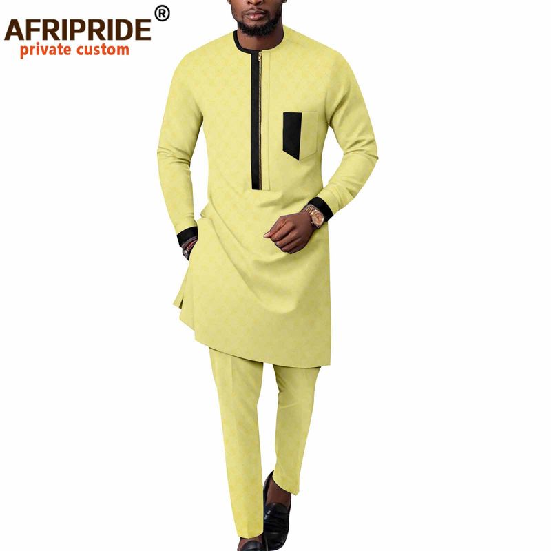 Vêtements pour hommes, veste + pantalon décontracté en coton, couleur unie, ethnique africaine_voghion.com