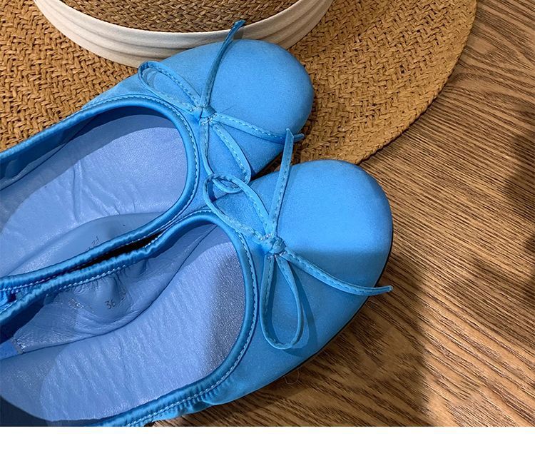 Ballerines bleues simples pour femmes, chaussures plates à tête ronde en soie avec nœud français, pour enfants, été 2025_voghion.com