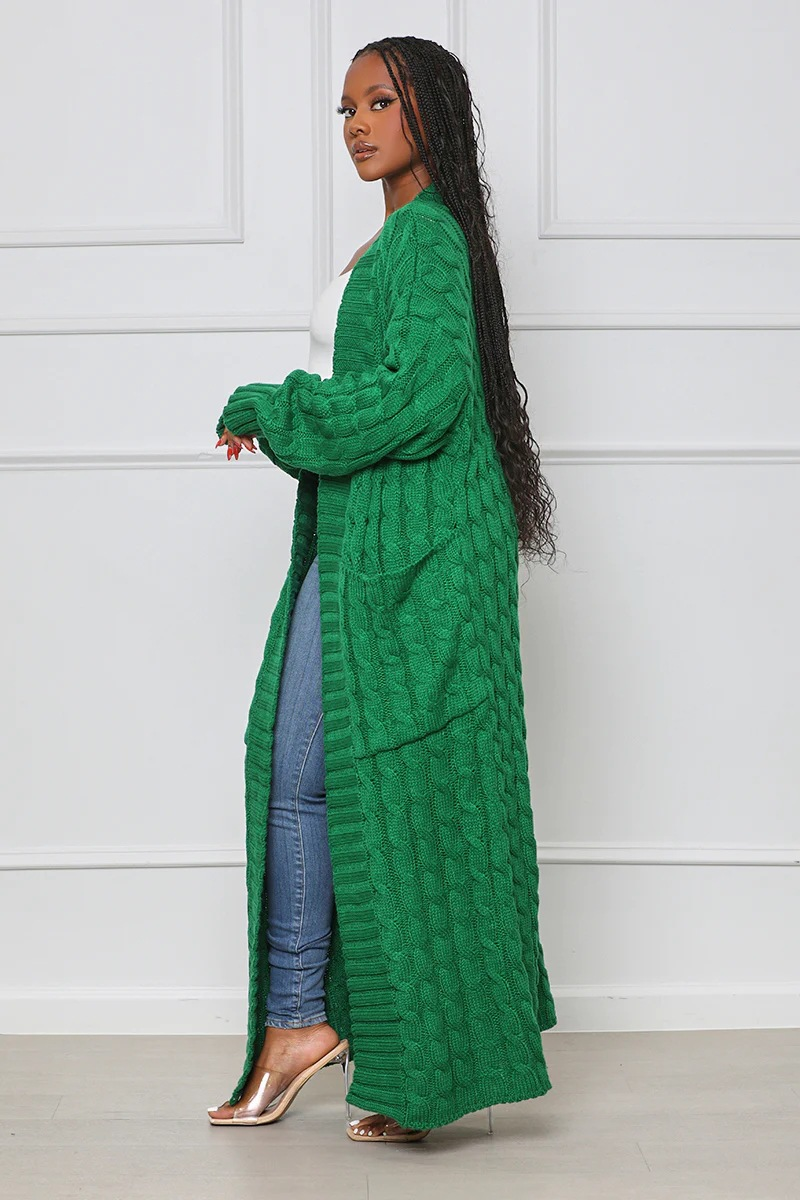 Damenbekleidung Locker gestrickte Strickjacke, gemütliche, übergroße Strickjacke mit Taschen, langer Zopfmuster-Pullovermantel, lockerer Boho-Chic, offene Vorderseite_voghion.com