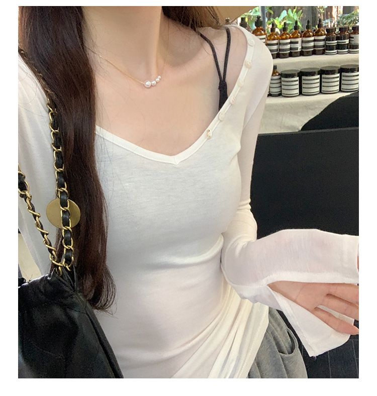 Camiseta feminina de manga comprida com decote em V e listras largas, estilo novo de outono, base de camada interna adelgaçante que aperta a cintura_voghion.com