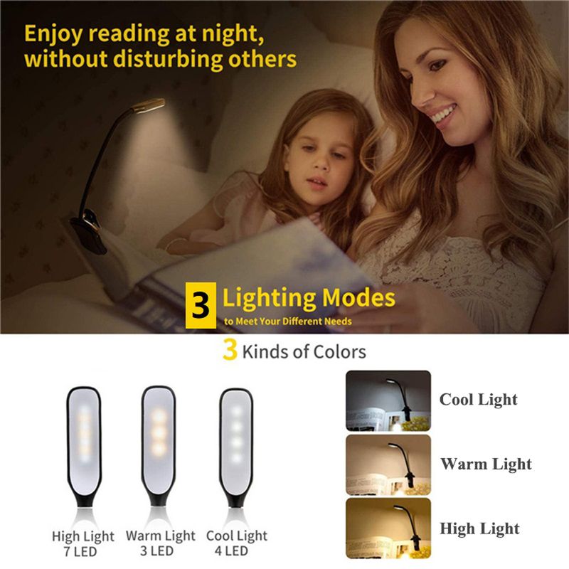Wiederaufladbare Buchleuchte, Mini-Leselampe mit 7 LEDs, 3-stufig, Warm-/Kaltweiß, flexibel, einfach anklemmbar, Leselampe für die Nacht im Bett_voghion.com