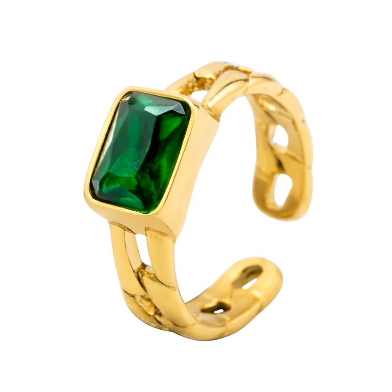 Light Luxury INS Style Trendy Titanium Steel Gold-Plated Cuban Chain Transparent Green Blue Diamond Open Ring_voghion.com